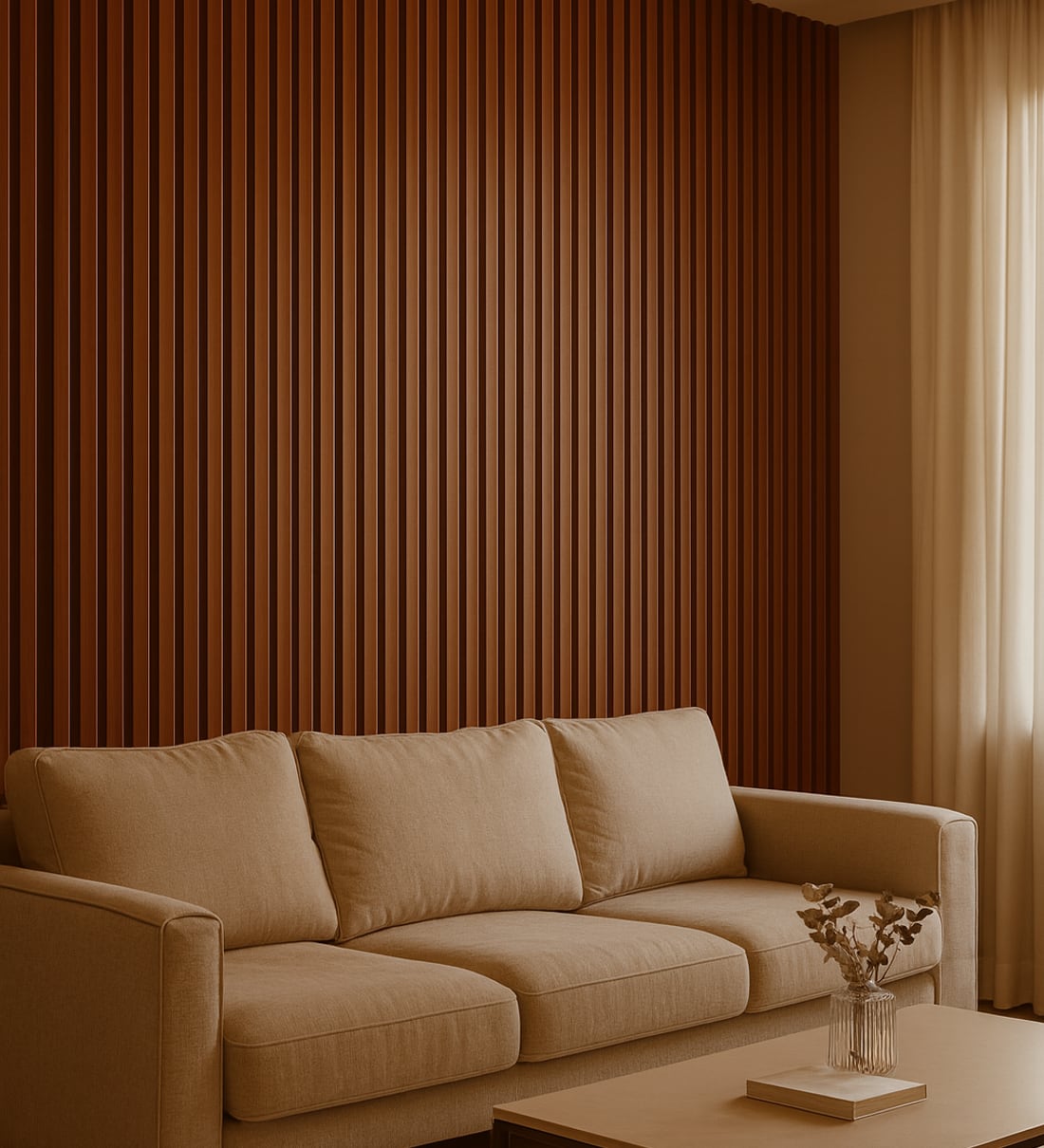 Painel ripado PVC carvalho aplicado em sala