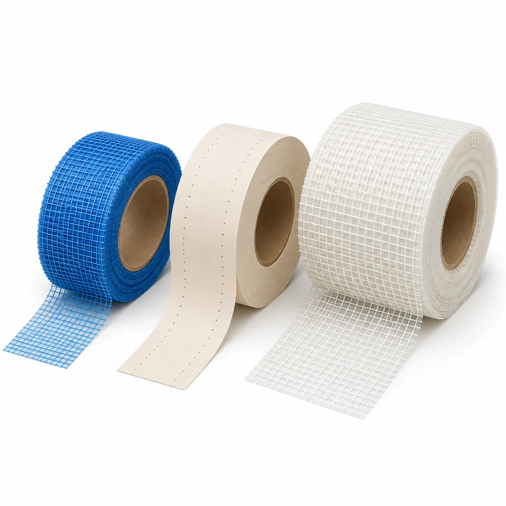 Rolos de fita telada azul, fita de papel e tela de reforço para drywall