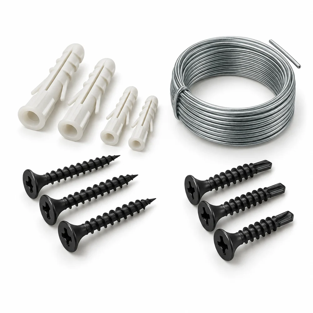 Parafusos pretos para drywall, buchas de nylon e arame galvanizado