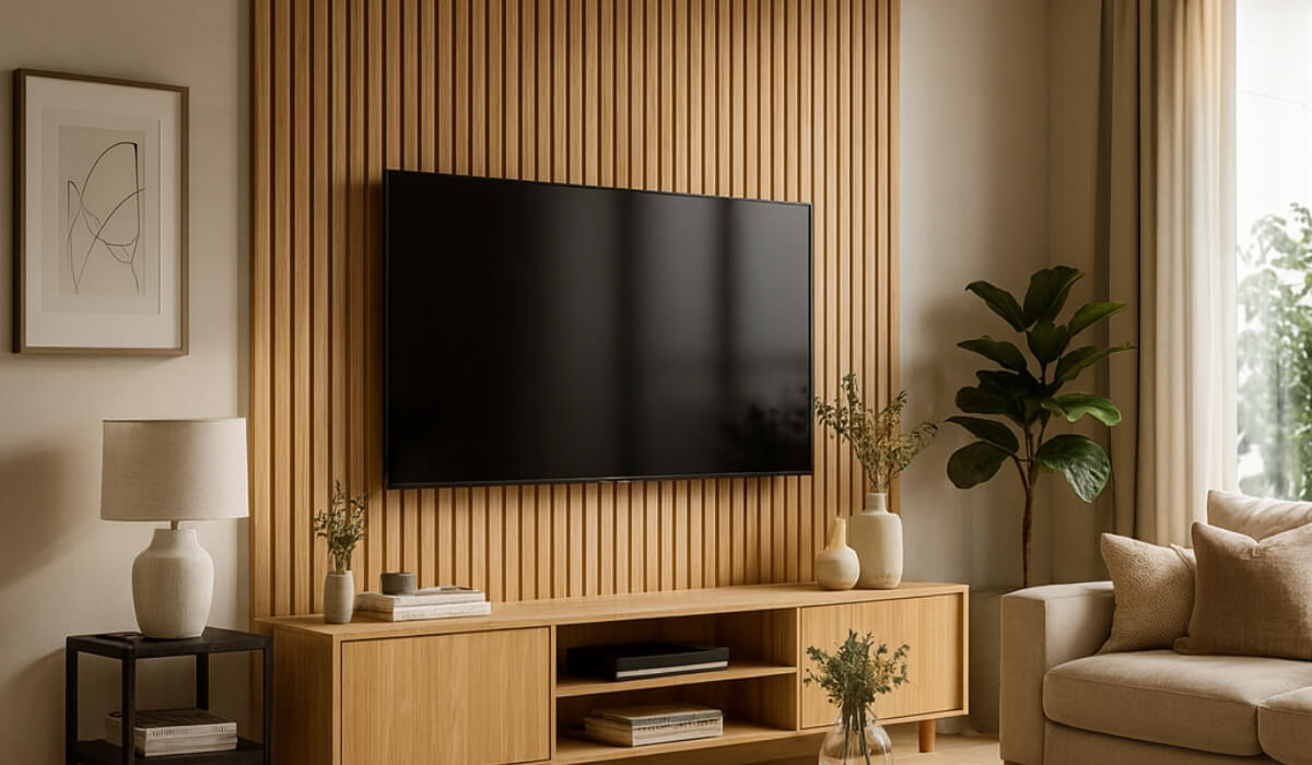 Sala com parede revestida em painel ripado de PVC