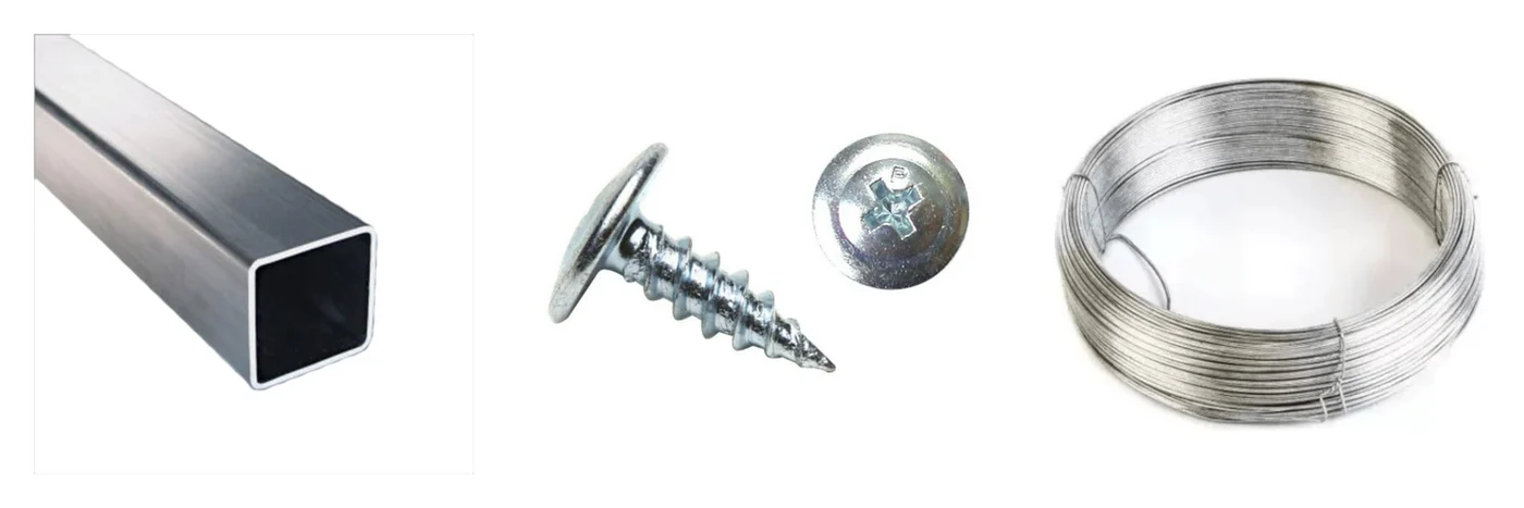 Kit de montagem: metalon, parafuso e arame — o agregado que sustenta e fixa o forro